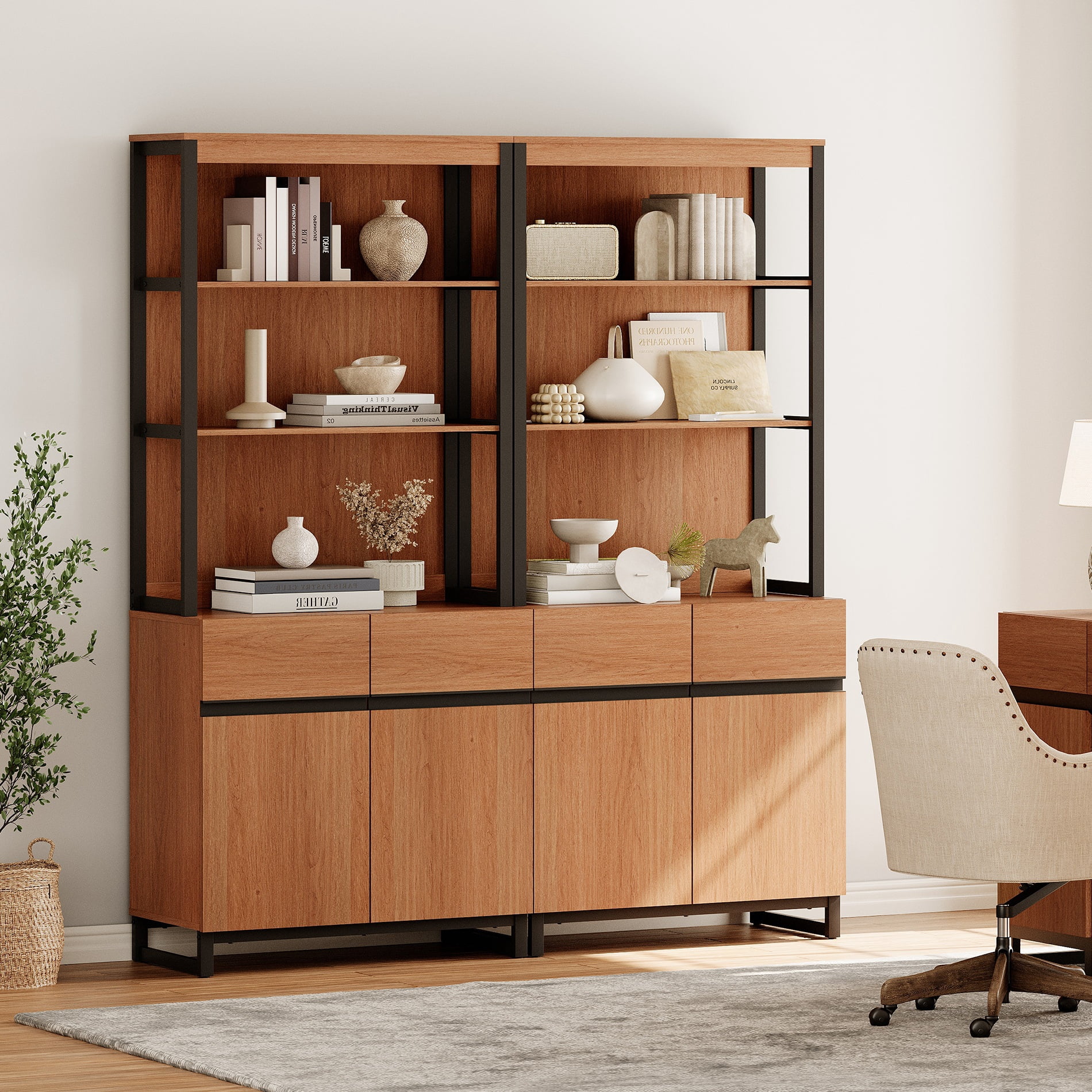 2-Piece Modern 72" Tall Library Bookcases with Metal Base & Adjustable Shelves, Wood Bookshelves with Storage Cabinet & Open Shelves for Home Office & Living Room, Mocha
