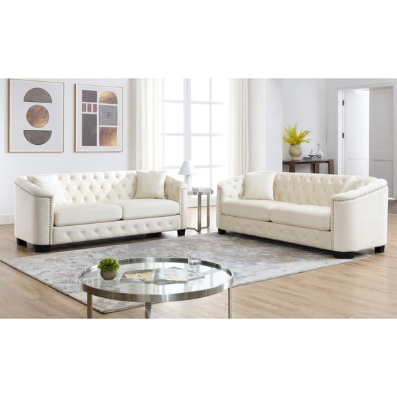 2-Piece Modern Chesterfield Velvet 3-Seater Sofa, Upholstered Couch with 4 Pillows, Leisure Lounge Sofa for Living Room, Bedroom, Apartment, Office, Beige