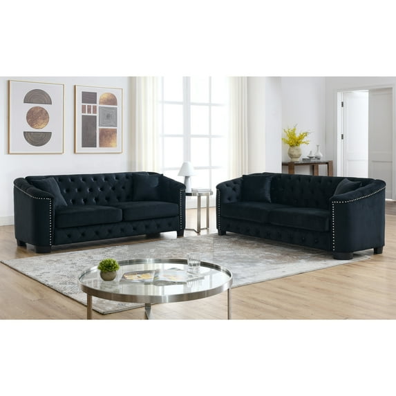 2-Piece Modern Chesterfield Velvet 3-Seater Sofa, Upholstered Couch with 4 Pillows, Leisure Lounge Sofa for Living Room, Bedroom, Apartment, Office, Black
