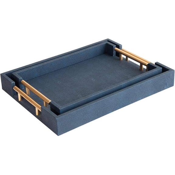 2-Piece Modern Decorative Tray Set, Shagreen Leather and Wood Serving Trays with Gold Metal Handles, Luxury Storage Organizer for Coffee Table, Ottoman and Bathroom Vanity