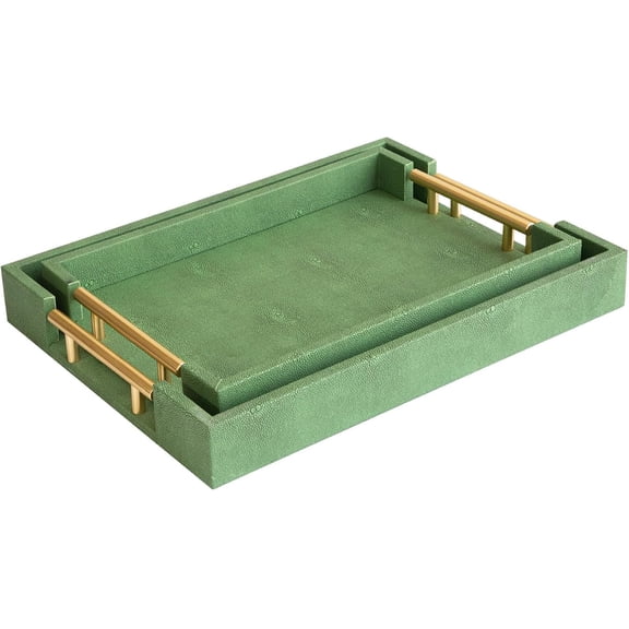 2-Piece Modern Decorative Tray Set, Shagreen Leather and Wood Serving Trays with Gold Metal Handles, Luxury Storage Organizer for Coffee Table, Ottoman and Bathroom Vanity