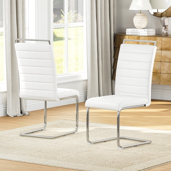 2-Piece Modern Dining Chair Set, High Back PU Leather Seating with C-Shaped Cantilever Stainless Steel Frame, Armless Accent Chairs for Kitchen Living Room Office
