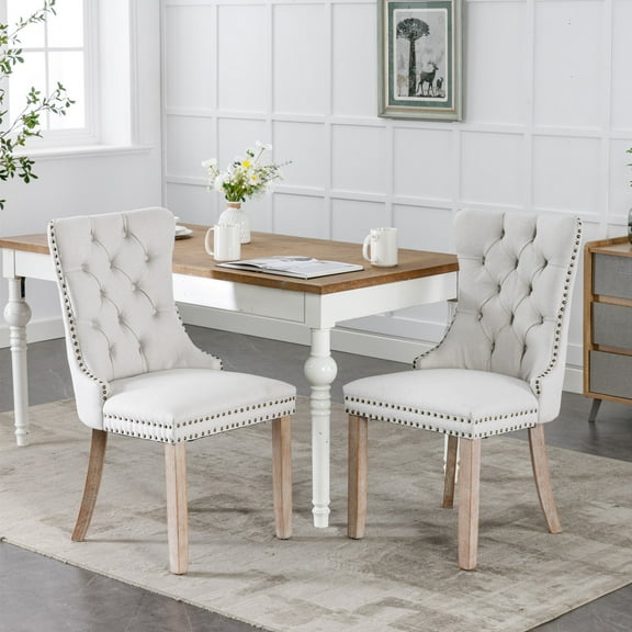 2-Piece Modern Dining Chair Set, Linen Fabric Tufted Upholstered Kitchen Chairs with Solid Wood Legs, Comfortable Accent Dining Seating | Sillas de Comedor