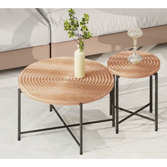 2-Piece Modern Farmhouse Living Room Coffee Table Set, Waterproof MDF with PVC Cover with Wood Ring Motif , Black Metal Legs