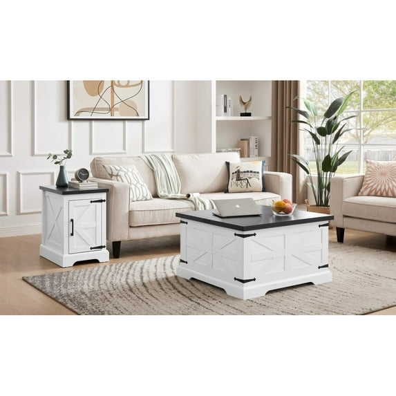 2-Piece Modern Farmhouse Living Room Table Set, Barn Design Coffee Table & End Table, Center Table, Cocktail Table w/Hinged Lift Top for Living Room