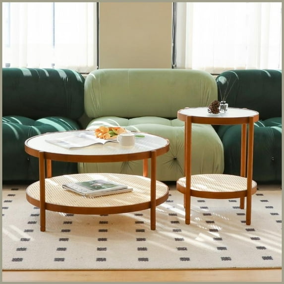 2-Piece Modern Farmhouse Round Wood Coffee Table Set, Nesting Space ...