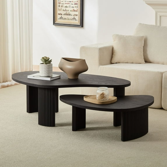 2-Piece Modern Irregular Coffee Table Set with Staggered Height Design for Living Room or Office, Easy Assembly Nesting Side Tables in Black
