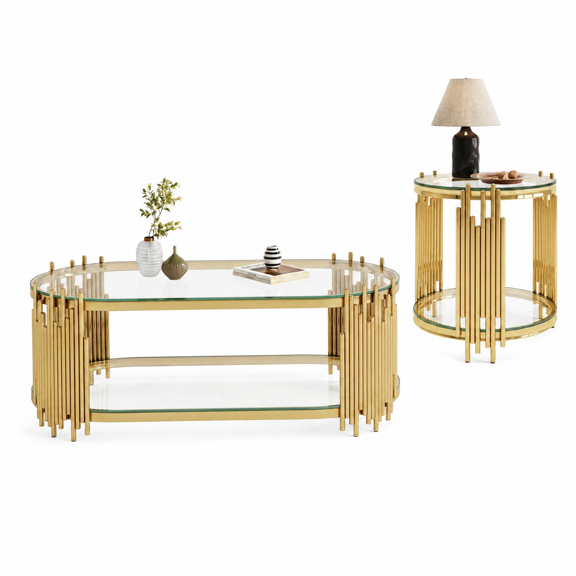2-Piece Modern Luxury Nesting Table Set, Oval Coffee Table & Side Table, 2-Tier Clear Tempered Glass, Vertical Organ Pipe Metal Rods, Polished Chrome Frame for Living Room & Home Office(Clear+Gold)