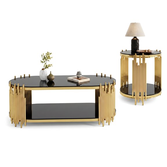 2-Piece Modern Luxury Nesting Table Set, Oval Coffee Table & Side Table, 2-Tier Clear Tempered Glass, Vertical Organ Pipe Metal Rods, Polished Chrome Frame for Living Room & Home Office(Black+Gold)