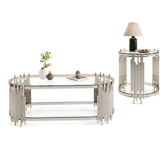 2-Piece Modern Luxury Nesting Table Set, Oval Coffee Table & Side Table, 2-Tier Clear Tempered Glass, Vertical Organ Pipe Metal Rods, Polished Chrome Frame for Living Room & Home Office(Clear+Silver)