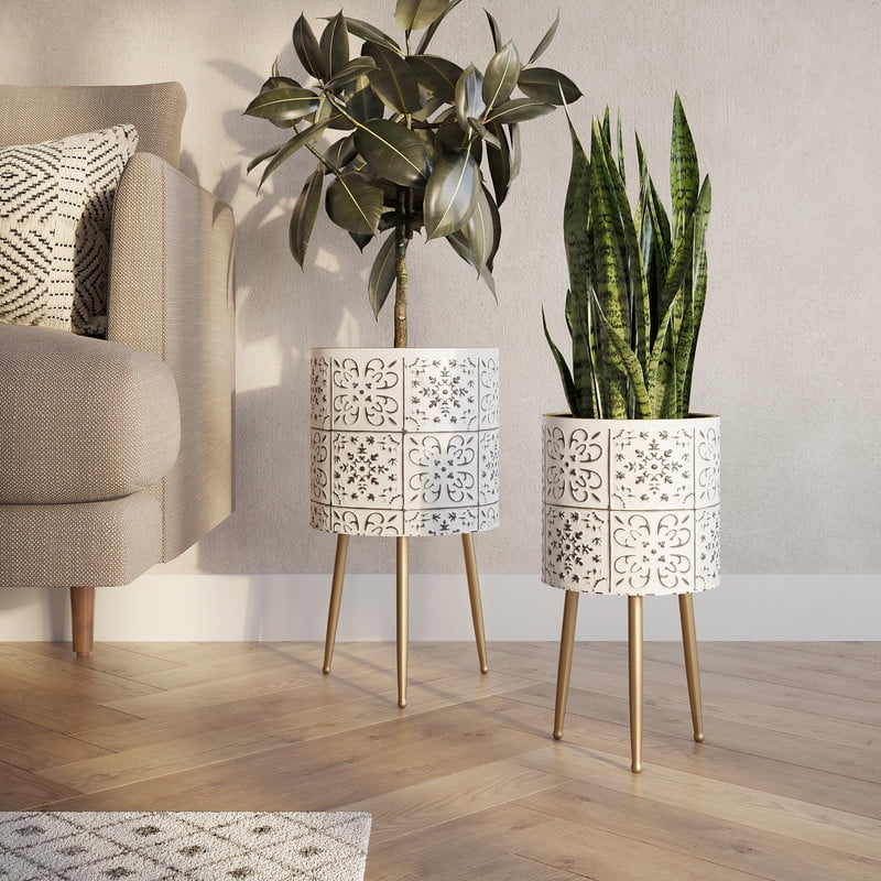 2-Piece Modern Metal Planter Pot With 3-Leg Gold Metal Base - White & Black - 20"H x 10.5"W / 15.75"H x 8.5"W