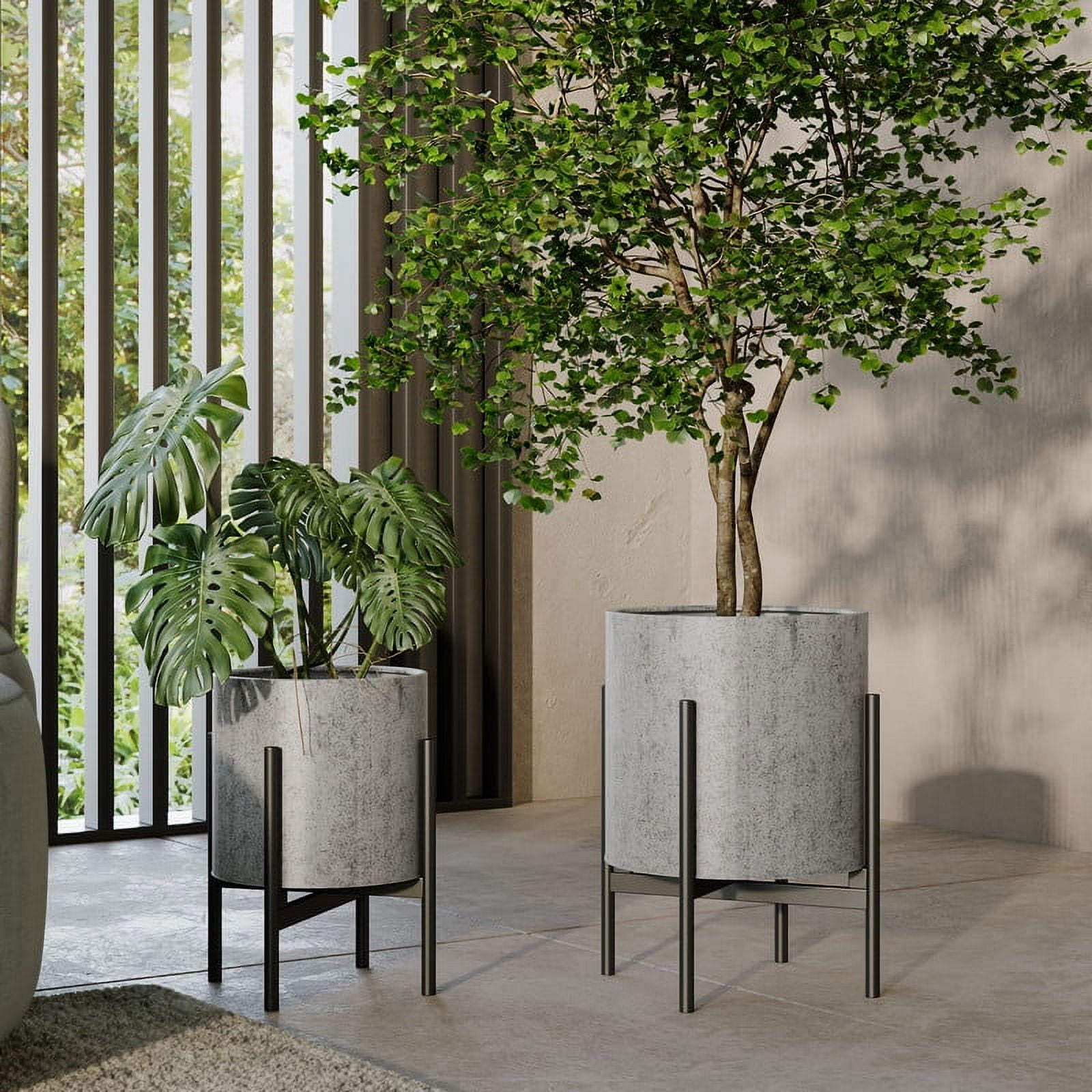 2-Piece Modern Metal Planter Pot With 4-Leg Black Metal Base - Gray - 14.75"H x 11.75"W / 12"H x 9.5"W