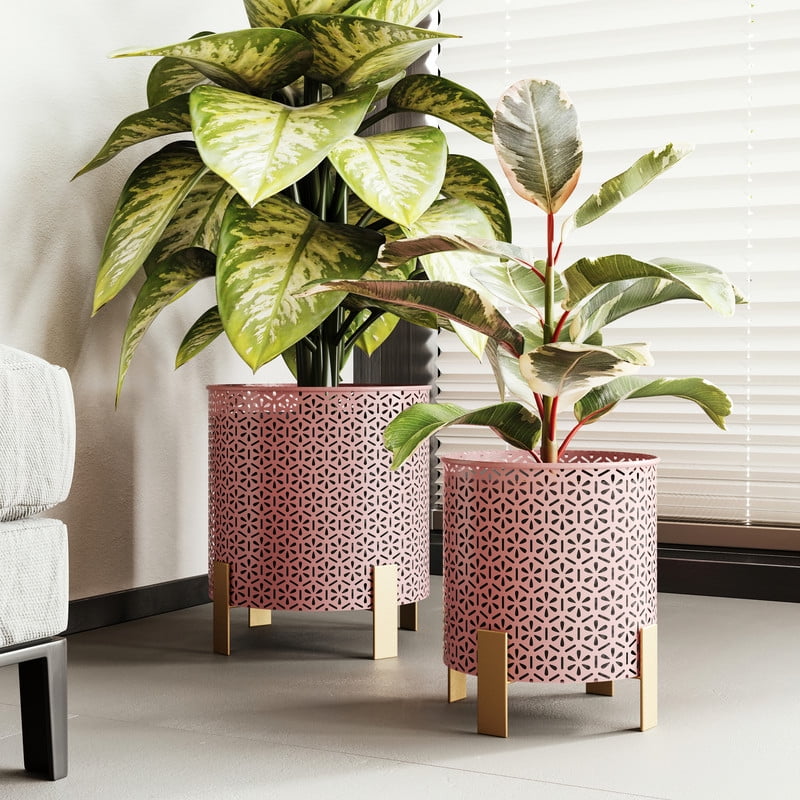 2-Piece Modern Metal Planter Pot With 4-Leg Gold Metal Base - Pink - 12"H x 11"W / 10"H x 9"W