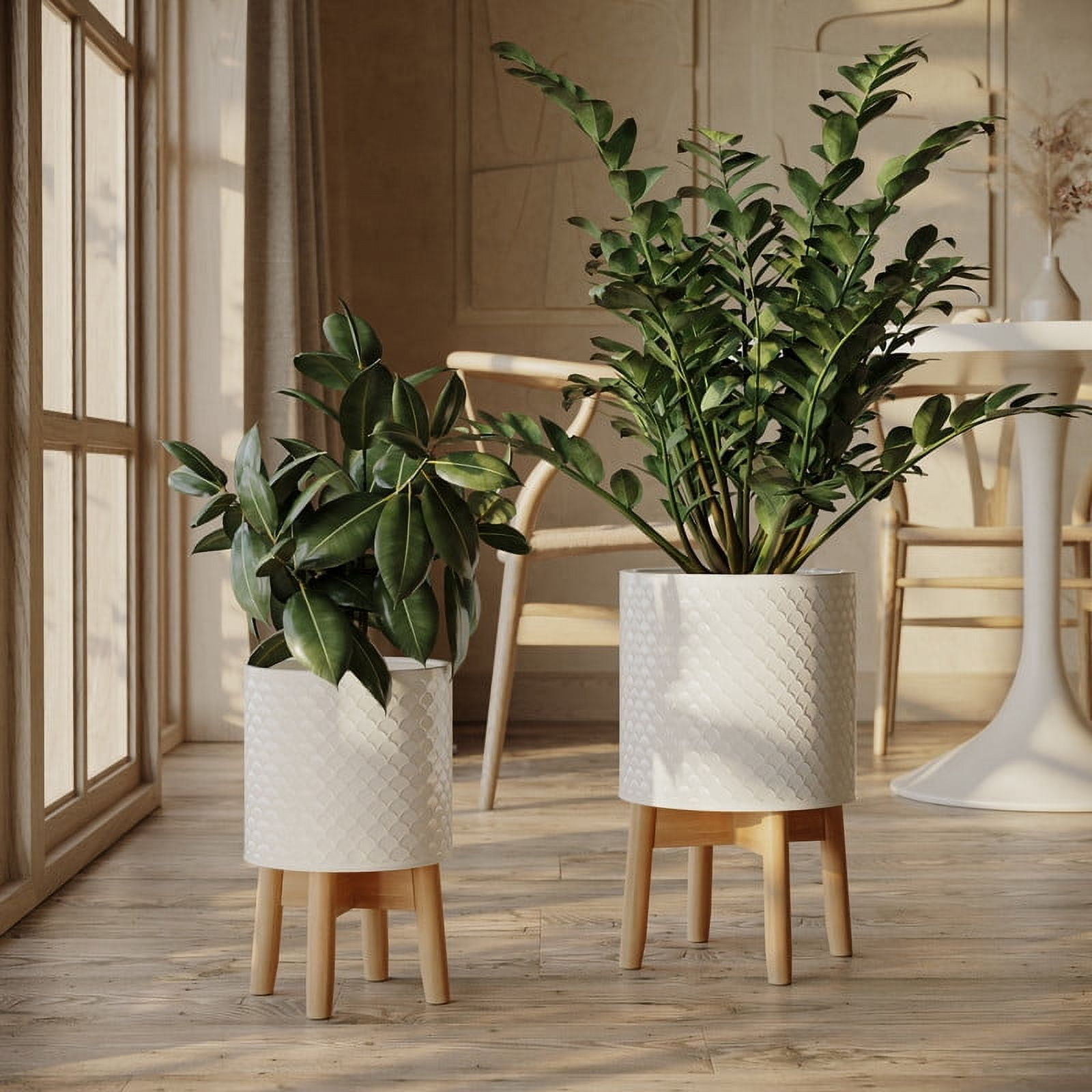 2-Piece Modern Metal Planter Pot With 4-Leg Wood Base - Beige - 17"H x 10"W / 13.5"H x 8.5"W