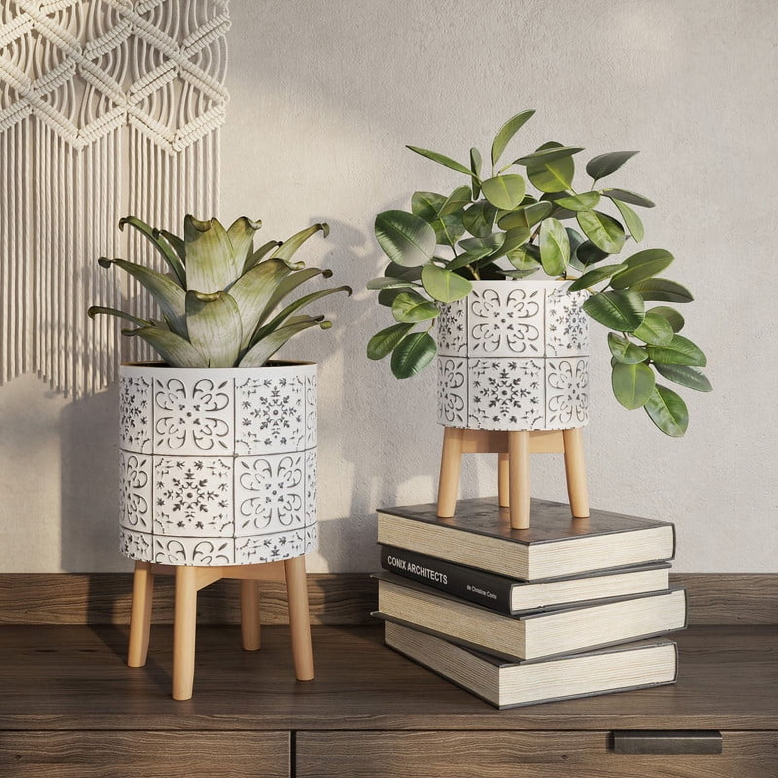 2-Piece Modern Metal Planter Pot With 4-Leg Wood Base - White & Black - 17"H x 10"W / 13.5"H x 8.5"W