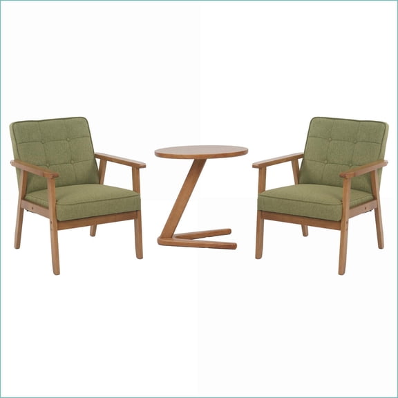 2-Piece Modern Minimalist Leisure Chair Set with Round Coffee Table, Solid Wood Legs, Sage Green Fabric | Living Room, Study, Bedroom