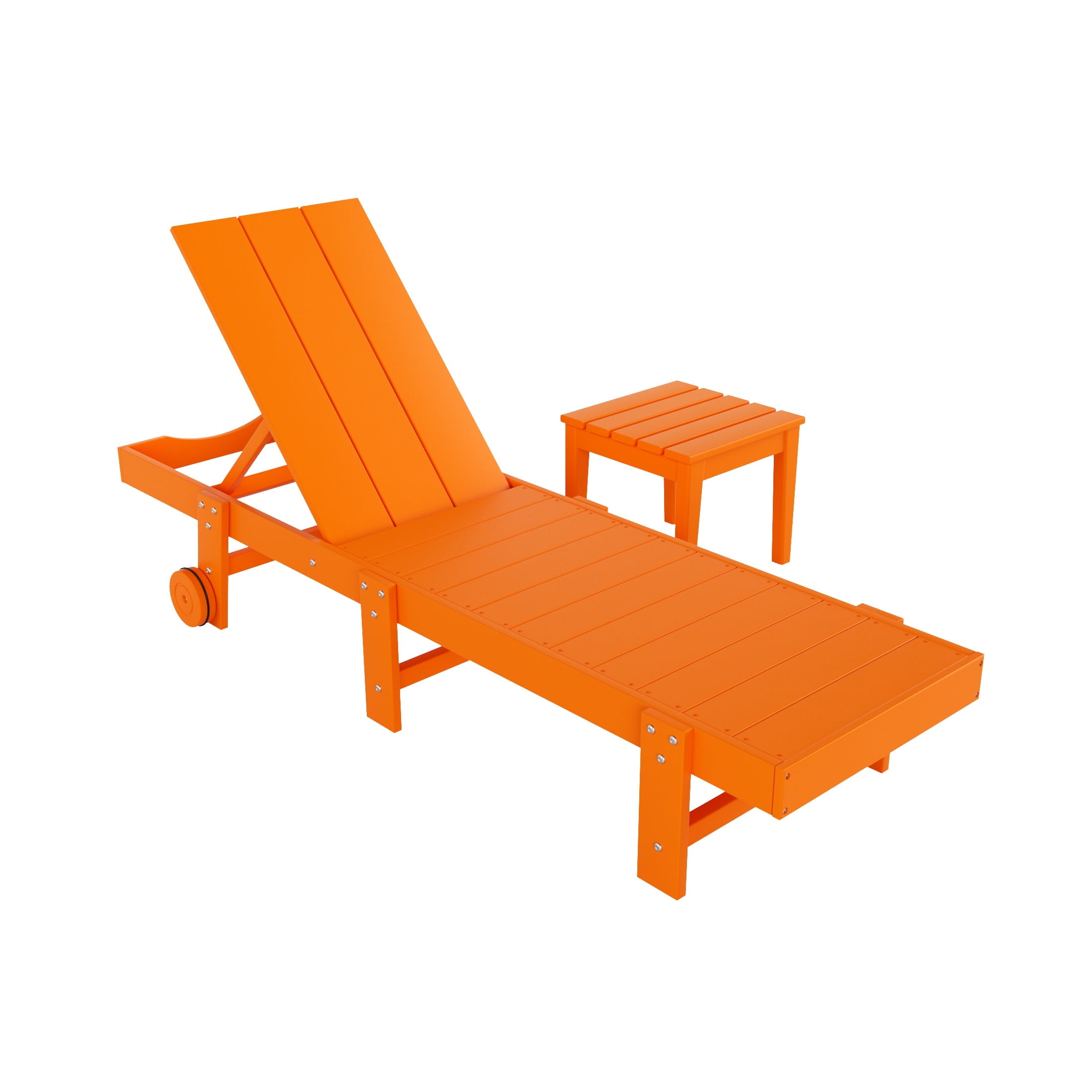 Bright Orange Modern HDPE Reclining Outdoor Chaise Lounge with Wheels and Side Table