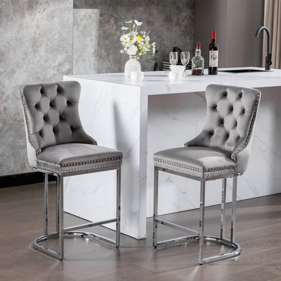 2-Piece Modern Velvet Bar Stools with Button Back & Rivet Trim, Sturdy Chromed Metal Base for Kitchen Island (Gray)