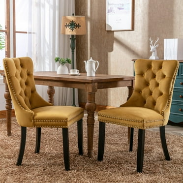 2-Piece Modern Velvet Upholstered Dining Chairs with High Tufted Back, Comfy Kitchen Chairs with Wood Legs and Nailhead Trim, Accent Side Chairs for Dining Room, Kitchen, Living Room, Golden