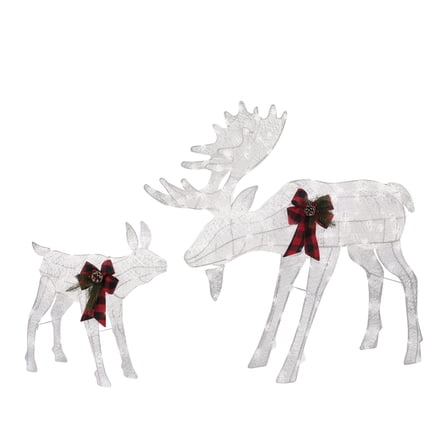 2-Piece Moose Family, Lighted Outdoor Christmas Yard Decoration, Light-Up Décor Set w/ 200 LED Lights, Zip Ties - White
