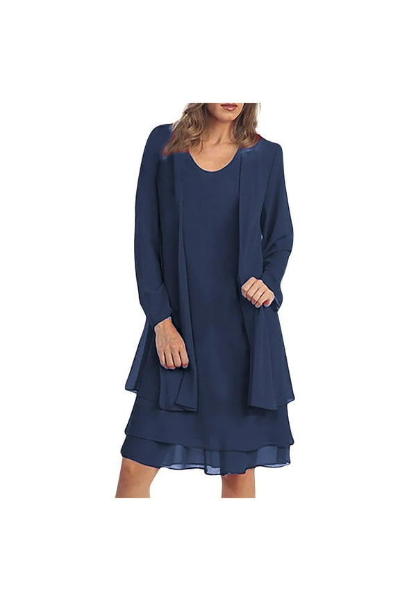 2 Piece Mother of The Bride Dresses Chiffon Lace Formal Wedding Guest Dress Long Sleeved Cardigan Layered Ruffles A Line Midi Dresses Cocktail Party Matching Set