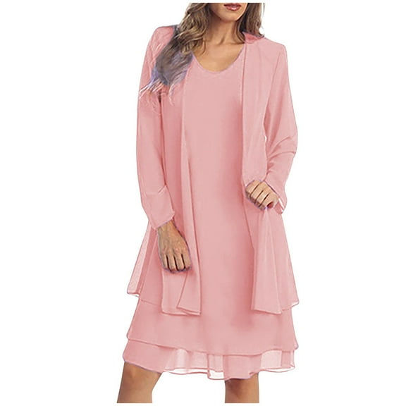 2 Piece Mother of The Bride Dresses Chiffon Lace Formal Wedding Guest Dress Long Sleeved Cardigan Layered Ruffles A Line Midi Dresses Cocktail Party Matching Set