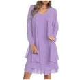 thumbnail image 1 of 2 Piece Mother of The Bride Dresses Chiffon Lace Formal Wedding Guest Dress Long Sleeved Cardigan Layered Ruffles A Line Midi Dresses Cocktail Party Matching Set, 1 of 6