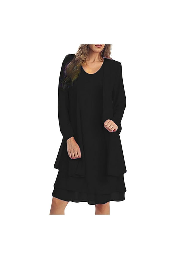 2 Piece Mother of The Bride Dresses Chiffon Lace Formal Wedding Guest Dress Long Sleeved Cardigan Layered Ruffles A Line Midi Dresses Cocktail Party Matching Set