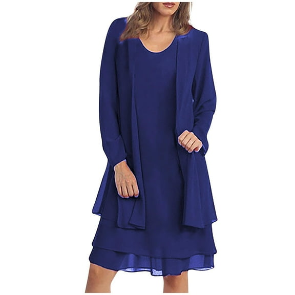 2 Piece Mother of The Bride Dresses Chiffon Lace Formal Wedding Guest Dress Long Sleeved Cardigan Layered Ruffles A Line Midi Dresses Cocktail Party Matching Set