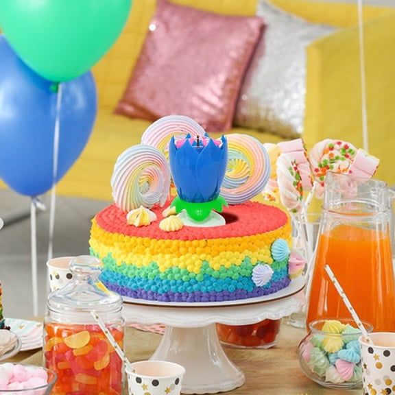 2-Piece Musical Rotating Lotus Cake Topper, Electronic Blossom Flower Decoration for Birthday Cakes, Battery Operated Party Supply with Built-in Music and Spinning Petals, Reusable Kids Party Favor