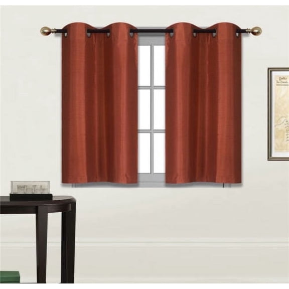 2 Piece N25 BRICK Luxury Kitchen, Short Window Curtain Semi Sheer Panel , 2 Faux Silk Tier Panels With Bronze Grommets