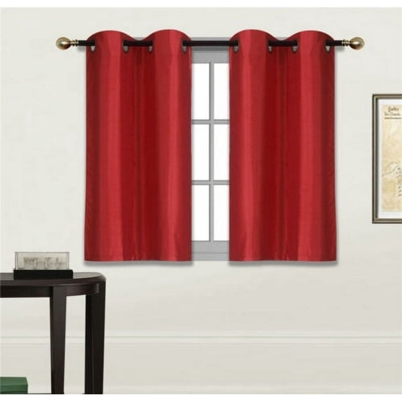 2 Piece N25 RED Luxury Kitchen, Short Window Curtain Semi Sheer Panel , 2 Faux Silk Tier Panels With Bronze Grommets