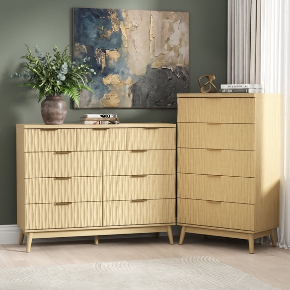 2-Piece Natural Fluted Dresser Set, Modern Ribbed Chest of Drawers, Tall Dresser for Bedroom Living Room Hallway Entryway, (Natural)