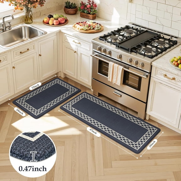 2-Piece Navy Blue Boho Kitchen Mat Set - 20"x31"+20"x47" Anti-Fatigue Memory Foam Non-Slip Waterproof for Sink & Kitchen