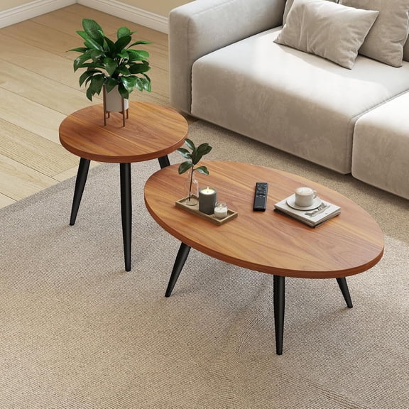 2-Piece Nesting Coffee Table Set, Mid- Modern Oval & Round Side Tables with MDF Top Metal  for Living Room Small Spaces Walnut