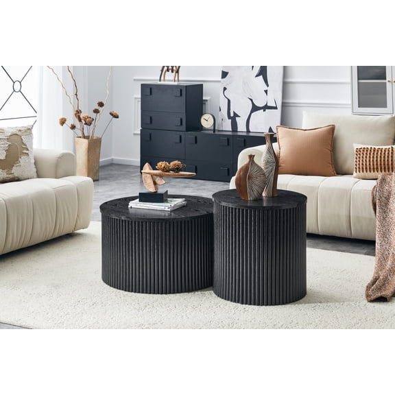 2-Piece Nesting Coffee Table Set, Modern Round Center Table with Hidden Storage, Wooden Drum Fluted Accent Tables for Living Room, Black