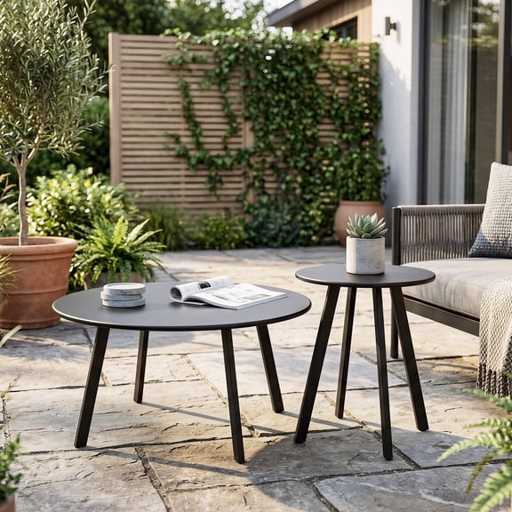 2-Piece Nesting Coffee Table Set, Modern Round Metal End Side Tables, Space-Saving Accent Table Set for Living Room Bedroom Balcony Patio Indoor Outdoor Use