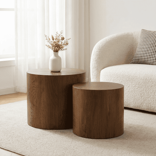 2-Piece Nesting Coffee Table Set, Modern Round Wood Side Table, No Assembly Accent Table for Small Spaces, Walnut