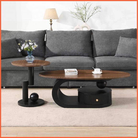 2-Piece Nesting Coffee Table Set – Oval & Round, Space-Saving Living Room Furniture with Storage & Easy Assembly