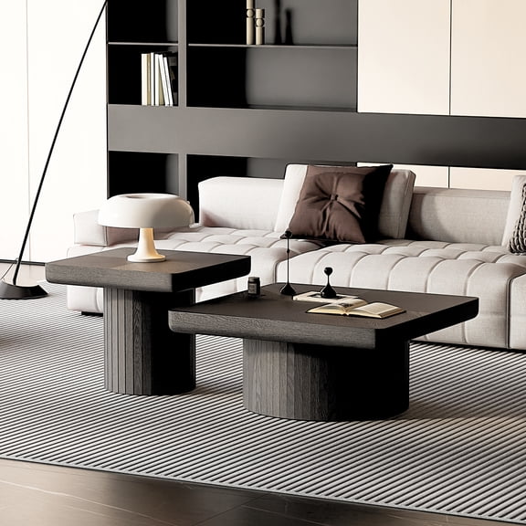 2-Piece Nesting Coffee Table Set, Parquet Pattern, Thickened Top, Black Wood Veneer, for Living Room