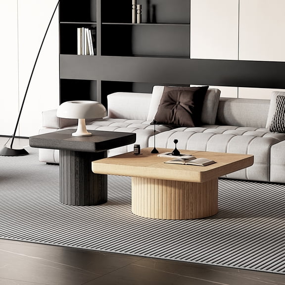 2-Piece Nesting Coffee Table Set, Parquet Pattern, Thickened Top, Natural Wood & Black, for Living Room