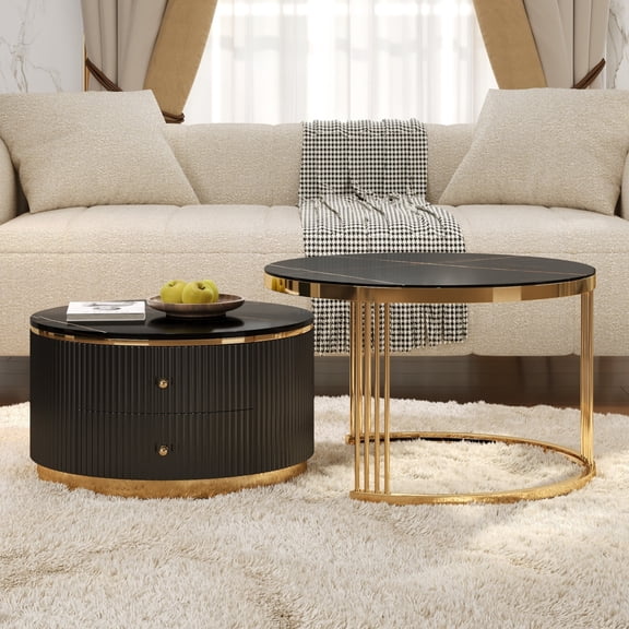 2-Piece Nesting Coffee Table Set, Round End Side Tables with Drawers and Gold Metal Legs, Modern Nesting Center Table for Living Room, Black