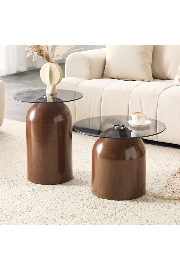 2-Piece Nesting Coffee Table Set with Tempered Glass Top & Walnut Wood Base, Modern Circle Side Table, Space-Saving Center Table for Living Room, Office, Easy Assembly (Walnut)