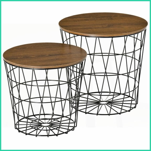 2-Piece Nesting Coffee Table Set, Wood Grain & Metal Wire, Space-Saving for Living Room/Bedroom, Easy to Clean
