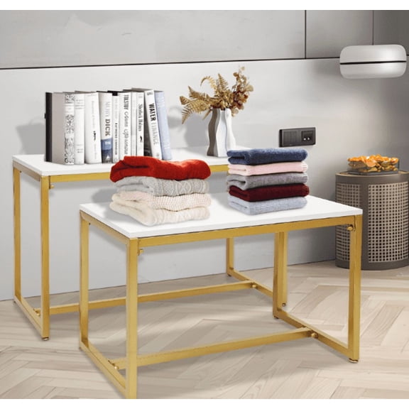 2-Piece Nesting End Tables, Gold Metal Frame Side Table Set, 110 lbs Capacity, Space Saving for Living Room Sofa, Modern White & Gold, Large 35.4" x 15.7"