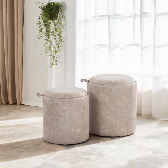 2-Piece Nesting Ottoman Set Contemporary Square Warm Brown Fabric and Natural Wood