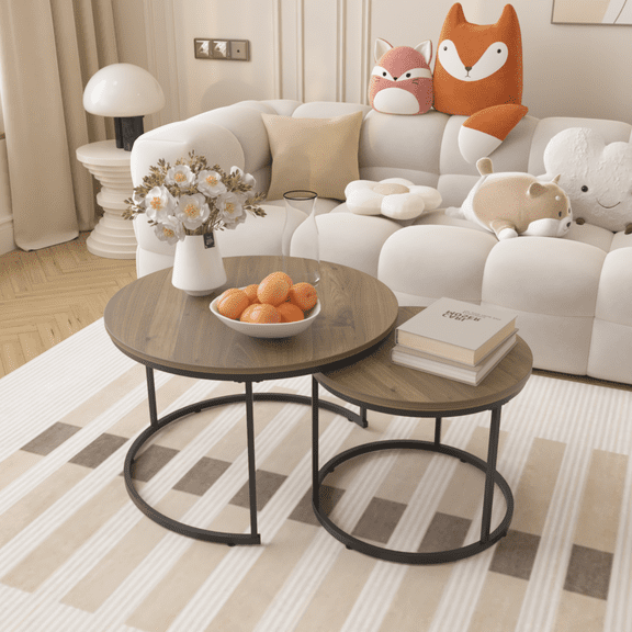 2 Piece Nesting Round Coffee Table Set 27.6 Inch Industrial Wood Finish Table with Sturdy Metal Frame Space Saving End Side Tables for Living Room Bedroom Balcony Yard Brown