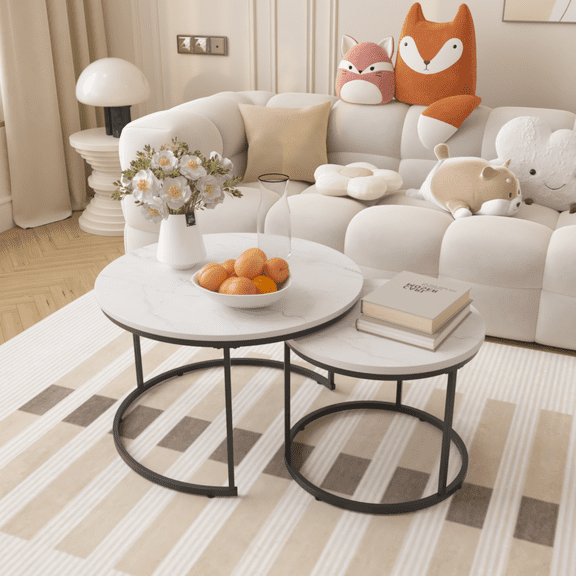 2 Piece Nesting Round Coffee Table Set  27.6 Inch Wood Marble Pattern Top with Sturdy Metal Frame  Space Saving End Side Tables for Living Room Bedroom Balcony Yard  White