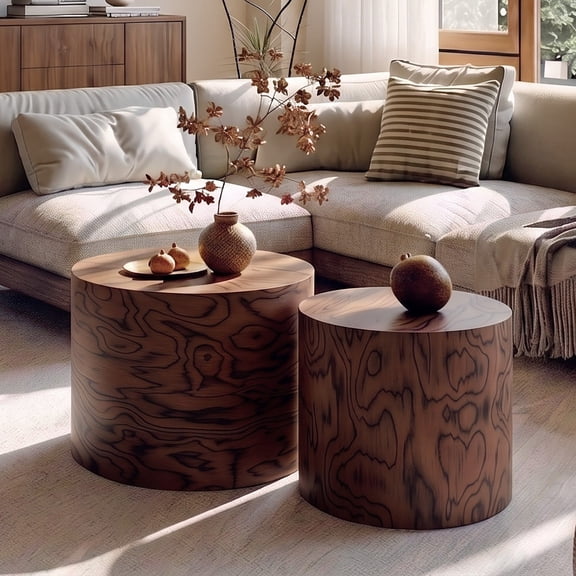 2-Piece Nesting Round Coffee Table Set, Tree Stump Drum Accent Side Table, No Assembly, Natural Swirl Grain Rustic Accent Table for Living Room, Modern Farmhouse Wabi-Sabi Home Decor, Brown Pommele