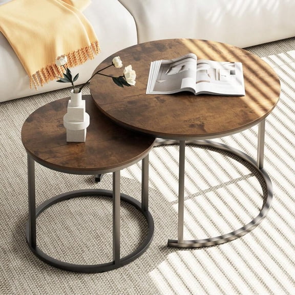 2-Piece Nesting Round Side Table Set (Oak) - Sturdy Metal Frame, Modern Industrial Simple Style for Living Room/Bedroom/Apartment, Suitable as Coffee Table/Nightstand